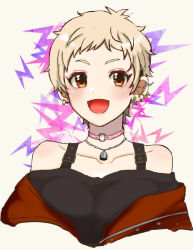 Rule 34 | 1girl, :d, blonde hair, breasts, brown eyes, choker, ear piercing, earrings, idolmaster, idolmaster cinderella girls, idolmaster cinderella girls starlight stage, jewelry, looking at viewer, necklace, open mouth, piercing, senzaki ema, simple background, small breasts, smile, solo, upper body, yaoya315
