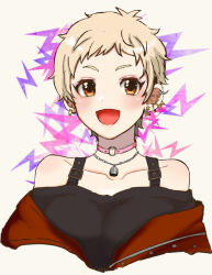 1girl :d blonde_hair breasts brown_eyes choker ear_piercing earrings idolmaster idolmaster_cinderella_girls idolmaster_cinderella_girls_starlight_stage jewelry looking_at_viewer necklace open_mouth piercing senzaki_ema simple_background small_breasts smile solo upper_body yaoya315