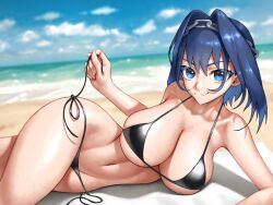 Rule 34 | 1girl, alternate costume, armpits, beach, bikini, black bikini, black hair, blue eyes, blue hair, blush, breasts, chain, chain headband, cleavage, collarbone, colored inner hair, fangs, groin, hair intakes, halterneck, highleg, highleg bikini, highres, hololive, hololive english, large breasts, looking at viewer, lying, multicolored hair, navel, o-ring, o-ring bikini, ocean, ouro kronii, parted lips, ribbon earrings, sand, shiny skin, short hair, sideboob, sidelocks, skin fangs, skindentation, skylock, smile, solo, stomach, string bikini, swimsuit, thighs, towel, under umbrella, underboob, virtual youtuber, water, wide hips