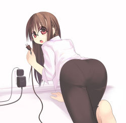 Rule 34 | 1girl, all fours, arima senne, ass, barefoot, blush, braid, brown hair, crawling, electric plug, electrical outlet, electrical outlet, glasses, kashiwamochi yomogi, looking back, open clothes, open mouth, open shirt, original, pantylines, pink eyes, shirt, solo, tight clothes