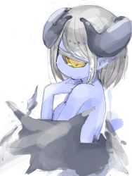 Rule 34 | 1girl, blue skin, blush, colored skin, cyclops, demon horns, demon wings, finger to mouth, from side, grey hair, highres, horns, looking at viewer, nude, one-eyed, original, shima (sh1mamu), sidelocks, simple background, sketch, smile, solo, thick eyebrows, upper body, white background, wings, yellow eyes