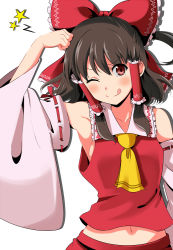 Rule 34 | 1girl, :q, arm up, bare shoulders, blush, bow, brown hair, closed mouth, collar, detached sleeves, dojikko pose, frilled bow, frilled collar, frilled shirt collar, frills, hair bow, hair tubes, hakurei reimu, highres, long hair, long sleeves, looking at viewer, okuba, red bow, red eyes, red vest, ribbon-trimmed sleeves, ribbon trim, sidelocks, simple background, smile, solo, tongue, tongue out, touhou, upper body, vest, white background