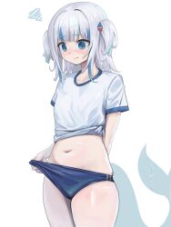 Rule 34 | 1girl, :/, alternate costume, arm behind back, blue buruma, blue eyes, blue hair, blush, buruma, closed mouth, clothes pull, cowboy shot, dalcom, dated commentary, fins, fish tail, furrowed brow, gawr gura, grey hair, gym shirt, gym uniform, hair ornament, highres, hololive, hololive english, looking down, medium hair, multicolored hair, navel, pulled by self, shark girl, shark hair ornament, shark tail, shirt, short sleeves, sidelocks, simple background, skindentation, solo, squiggle, standing, streaked hair, tail, tied shirt, two side up, virtual youtuber, white background, white shirt