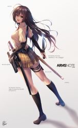 Rule 34 | 1girl, :d, arms note, artist name, black socks, blush, breasts, brown footwear, brown hair, brown skirt, copyright name, dagger, detached sleeves, english text, engrish text, floating hair, fukai ryosuke, full body, green eyes, hair between eyes, high-frequency blade, highres, holding, holding weapon, holster, katana, kneehighs, kneepits, knife, less-than-lethal weapon, loafers, long hair, looking back, medium breasts, open mouth, original, plaid, plaid skirt, ranguage, school uniform, shadow, sheath, sheathed, shinai, shirt, shoes, short sleeves, sidelocks, signature, skirt, smile, socks, solo, standing, stun knife, sword, thigh holster, thigh strap, very long hair, weapon, white shirt