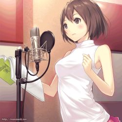 Rule 34 | 1girl, andou hitomi, animated, animated gif, blinking, blush, book, brown eyes, brown hair, holding, holding book, ilog, mana kakkowarai, microphone, microphone stand, official art, open book, open mouth, pop filter, sleeveless, smile, solo, studio microphone, talking, watermark, web address
