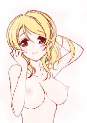 Rule 34 | 10s, 1girl, arm behind head, ayase eli, blonde hair, blue eyes, blush, breasts, completely nude, frapowa, half-closed eyes, hand in own hair, large breasts, looking at viewer, love live!, love live! school idol project, nipples, nude, puffy nipples, smile, solo, upper body