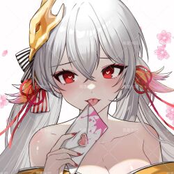 Rule 34 | 1girl, alternate hair color, azur lane, bare shoulders, breasts, chinese commentary, cleavage, collarbone, commentary request, crossed bangs, flower, hair ornament, heart, heart-shaped pupils, highres, holding, holding letter, ji yue, letter, looking at viewer, love letter, medium breasts, nail polish, red eyes, red nails, solo, symbol-shaped pupils, taihou-chan (azur lane), taihou (azur lane), tongue, tongue out, twintails, white hair
