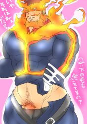Rule 34 | 10s, 1boy, abs, artist request, bara, belt, boku no hero academia, clothes lift, endeavor (boku no hero academia), facial hair, fire, glaring, gloves, highres, japanese text, kanji, looking at viewer, male focus, muscular, open fly, open pants, pants, parted lips, pectorals, penis, pink background, pubic hair, red hair, shirt, shirt lift, short hair, simple background, solo, spiked hair, standing, talking, teeth, testicles, translation request, unbuttoned, unbuttoned pants, undressing, unzipped