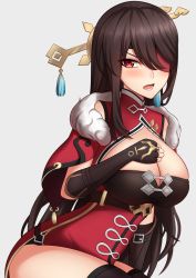 Rule 34 | beidou (genshin impact), blush, breasts, brown eyes, brown hair, chinese clothes, cleavage, cleavage cutout, clothing cutout, eyepatch, fingerless gloves, genshin impact, gloves, hair ornament, hand on own chest, highres, large breasts, mikhail n, thighhighs