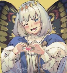 Rule 34 | 1boy, butterfly wings, cape, diamond hairband, eiki (eikityou 55), eyelashes, fate/grand order, fate (series), frilled shirt collar, frills, fur-trimmed cape, fur trim, grey eyes, grey hair, happy valentine, heart, heart hands, highres, insect wings, juliet sleeves, long sleeves, looking at viewer, lower teeth only, male focus, oberon (fate), one eye closed, open mouth, puffy sleeves, short hair, signature, smile, solo, sweatdrop, teeth, wings, wink, yellow background
