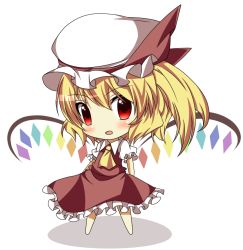 Rule 34 | 1girl, ascot, bad id, bad pixiv id, blonde hair, bow, chibi, flandre scarlet, hat, hat bow, hikobae, red eyes, sash, side ponytail, solo, touhou, white background, wings