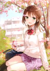 Rule 34 | 1girl, :d, absurdres, arm at side, bag, black socks, blue sky, blush, bow, bowtie, brown hair, building, bush, buttons, cardigan, cherry blossoms, day, drinking straw, duffel bag, feet out of frame, fuumi (radial engine), grass, green eyes, hair bow, highres, holding, juice box, kneehighs, long hair, long sleeves, looking at viewer, on grass, on ground, open mouth, original, outdoors, pink bow, plaid, plaid skirt, purple skirt, red bow, red bowtie, scan, school, school bag, sitting, skirt, sky, sleeves past wrists, smile, socks, solo, sunlight, tareme, tree, white cardigan, wing collar
