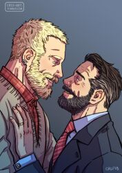 Rule 34 | 2boys, aged up, bad id, bad tumblr id, bara, beard, black hair, black suit, blonde hair, couple, cris art, ear piercing, eye contact, facial hair, formal, from side, hulkling, husband and husband, jewelry, layered shirt, looking at another, male focus, marvel, mature male, multiple boys, mustache, necktie, old, old man, piercing, receding hairline, ring, short hair, sideburns, smile, suit, thick eyebrows, thick mustache, upper body, wedding ring, wiccan, wrinkled skin, yaoi