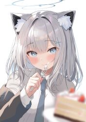 Rule 34 | 1girl, animal ear fluff, animal ears, black jacket, blue archive, blue eyes, blue halo, blurry, blurry foreground, blush, cake, cake slice, closed mouth, collared shirt, commentary, cross hair ornament, food, food on face, fork, grey hair, grey necktie, hair ornament, halo, hand up, holding, holding fork, jacket, jacket partially removed, jenna (jenna0108je), long sleeves, looking at viewer, necktie, plate, shiroko (blue archive), shirt, simple background, solo, upper body, white background, white shirt, wolf ears