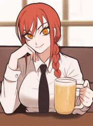 Rule 34 | 1girl, absurdres, beer mug, black necktie, braid, breasts, chainsaw man, closed mouth, collared shirt, cup, highres, holding, holding cup, jeff miga, large breasts, lips, long sleeves, looking at viewer, makima (chainsaw man), medium hair, mug, necktie, orange eyes, ringed eyes, shirt, single braid, sitting, smile, solo, white shirt