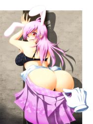 Rule 34 | 1girl, 7ban, animal ears, ass, bad id, bad pixiv id, bent over, black bra, blush, bra, rabbit ears, clothes down, clothes pull, female focus, from behind, highres, leaning forward, lingerie, long hair, looking back, no shirt, pink hair, red eyes, reisen udongein inaba, shirt down, skirt, skirt pull, solo, tears, touhou, underwear, wavy mouth