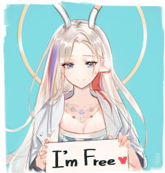 Rule 34 | 1girl, a deer of nine colors, animal ears, antlers, arknights, blue background, blue eyes, blush, border, breasts, cleavage, closed mouth, coat, collarbone, commentary request, elsi, grey hair, heart, holding, holding sign, horns, jewelry, korean commentary, long hair, mixed-language commentary, multicolored hair, necklace, nine-colored deer, open clothes, open coat, purple hair, red hair, sign, simple background, smile, solo, streaked hair, upper body, white border, white coat