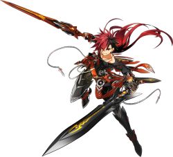 Rule 34 | 1boy, artist request, belt, black hair, black shirt, boots, dual wielding, earrings, elsword, elsword (character), full body, gloves, holding, holding sword, holding weapon, immortal (elsword), jewelry, long hair, male focus, multicolored hair, official art, pants, red eyes, red hair, shirt, smile, solo, sword, transparent background, two-tone hair, weapon