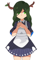 Rule 34 | 1girl, antlers, apron, blue dress, closed mouth, collared dress, cowboy shot, dress, green eyes, green hair, hair over one eye, hands up, highres, horns, leaf, long hair, looking at viewer, original, own hands together, short dress, simple background, solo, surio, white apron, white background