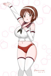Rule 34 | 1girl, black neckerchief, breasts, brown eyes, brown hair, buruma, cleavage, collarbone, dated, detached sleeves, feet out of frame, hairband, hand on own chest, kantai collection, large breasts, looking at viewer, masara (chuujou), natori (kancolle), navel, neckerchief, red buruma, school uniform, serafuku, short hair, solo, standing, thighhighs, twitter username, white background, white hairband, white thighhighs