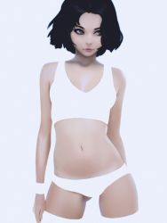 Rule 34 | 1girl, arms at sides, bare shoulders, black hair, bra, chromatic aberration, closed mouth, collarbone, contrapposto, cropped legs, female focus, gradient background, grey eyes, highres, ilya kuvshinov, light smile, lips, looking to the side, navel, original, panties, photorealistic, purple background, realistic, short hair, simple background, solo, sports bra, standing, stomach, sweatband, underwear, underwear only, white background, white bra, white panties