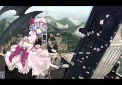 Rule 34 | 1girl, bow, clock, clock tower, coco (artist), dress, frills, hat, hat bow, highres, letterboxed, mountain, open mouth, petals, pink dress, pink eyes, purple hair, remilia scarlet, ribbon, short hair, sitting, solo, touhou, tower, wings