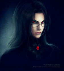 Rule 34 | 1boy, artist name, black background, black hair, brooch, closed mouth, collar, deviantart username, fantasy, glasses, jewelry, long hair, looking at viewer, male focus, mezamero, original, parted bangs, red brooch, red eyes, simple background, solo, upper body, vampire, watermark, web address