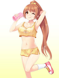 Rule 34 | 10s, 1girl, :p, arm up, armpits, artificial vagina, blush, breasts, brown eyes, brown hair, crop top, crop top overhang, cum, cum on body, cum on breasts, cum on upper body, facial, hair ornament, highres, idolmaster, idolmaster cinderella girls, leg up, long hair, looking at viewer, medium breasts, midriff, navel, one eye closed, ponytail, sex toy, shorts, smile, solo, sweat, tank top, tongue, tongue out, totokichi, very long hair, wakabayashi tomoka, wink