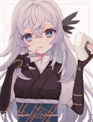 Rule 34 | 1388chan, 1girl, black gloves, blue eyes, commentary request, crossed bangs, eating, elbow gloves, fate/grand order, fate (series), feather hair ornament, feathers, fingernails, food, food on face, gloves, hair between eyes, hair ornament, highres, holding, holding food, japanese clothes, long hair, looking at viewer, obi, onigiri, rice, rice on face, saika magoichi (fate), sash, simple background, solo, white background, white hair