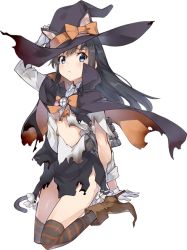 Rule 34 | 1girl, animal ears, asashio (kancolle), asashio kai ni (kancolle), black cape, black hair, black thighhighs, blue eyes, bow, cape, cat ears, cat tail, cropped legs, dress, full body, gloves, grey skirt, halloween, hat, kantai collection, konishi (koconatu), long hair, official art, orange bow, pinafore dress, pleated skirt, shirt, skirt, sleeveless, sleeveless dress, solo, staff, suspender skirt, suspenders, tail, thighhighs, torn clothes, transparent background, v-shaped eyebrows, white gloves, white shirt, witch hat