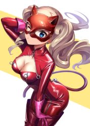 Rule 34 | 1girl, blonde hair, blue eyes, bodysuit, boots, breasts, cat mask, cat tail, catsuit, cleavage, gloves, highres, long hair, mask, omochimochi, one eye closed, persona, persona 5, persona 5: dancing star night, persona 5 the royal, persona dancing, pink gloves, red bodysuit, red footwear, solo, tail, takamaki anne, thigh boots, thighhighs, whip, zipper