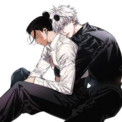 Rule 34 | 2boys, arm on thigh, black hair, black jacket, black pants, blue eyes, closed mouth, colored eyelashes, couple, dress shirt, earrings, elbow on thigh, formal, from side, gakuran, getou suguru, gojou satoru, hair bun, head on another&#039;s back, highres, hug, hug from behind, jacket, jewelry, jujutsu kaisen, looking down, looking to the side, loose hair strand, male focus, messy hair, multiple boys, my onenon1y, pant suit, pants, parted lips, school uniform, shirt, short hair, simple background, sitting, stud earrings, suit, white background, white hair, white shirt, yaoi