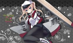 Rule 34 | 10s, 1girl, ass, blonde hair, blue eyes, caplet, cross, graf zeppelin (kancolle), hat, ichiyou moka, iron cross, kantai collection, legs, looking at viewer, military, military uniform, necktie, panties, panties under pantyhose, pantyhose, peaked cap, pleated skirt, revision, skirt, smile, solo, thighs, twintails, underwear, uniform, white hat