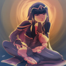 Rule 34 | 1girl, arm support, between toes, black hair, blurry, bodystocking, depth of field, feet, feet together, fire emblem, fire emblem awakening, foot focus, hime cut, looking at viewer, nintendo, no shoes, scamwich, smile, soles, solo, tharja (fire emblem), tiara, toeless legwear, toes