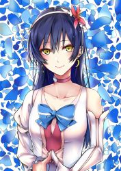 Rule 34 | 1girl, absurdres, blue hair, blush, bokutachi wa hitotsu no hikari, bow, choker, closed mouth, collarbone, commentary request, dress, earrings, elbow gloves, flower, gloves, hair between eyes, hair flower, hair ornament, highres, jewelry, long hair, long sleeves, looking at viewer, love live!, love live! school idol project, petals, single elbow glove, single glove, smile, solo, sonoda umi, steepled fingers, takuwanko, upper body, yellow eyes