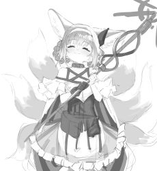 Rule 34 | 1girl, ^ ^, animal ear fluff, animal ears, arknights, bare shoulders, braid, braided hair rings, closed eyes, collar, extra ears, fox ears, fox girl, fox tail, frilled skirt, frills, gloves, greyscale, hair rings, hairband, highres, holding, holding staff, infection monitor (arknights), kemono friends, kona ming, monochrome, multiple tails, simple background, single glove, sketch, skirt, smile, solo, staff, suzuran (arknights), tail, twin braids