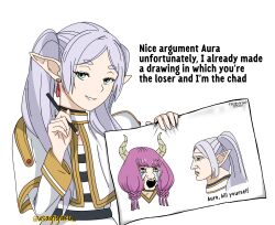 Rule 34 | 1girl, aura (sousou no frieren), aura bullying (meme), commentary, crying, crying with eyes open, demon horns, elf, english commentary, english text, frieren, green eyes, highres, holding, holding paper, horns, looking at viewer, meme, mixed-language commentary, paper, pencil, pink hair, pointy ears, shirt, signature, sousou no frieren, striped clothes, striped shirt, tears, usagiyaru, white background, white hair, wojak, yes chad (meme)
