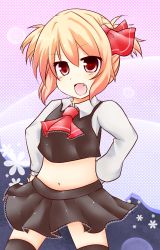 Rule 34 | 1girl, alternate hairstyle, black thighhighs, blonde hair, chiya58, embodiment of scarlet devil, fang, female focus, hair ribbon, heart, heart-shaped pupils, highres, navel, red eyes, ribbon, rumia, short twintails, solo, symbol-shaped pupils, thighhighs, touhou, twintails