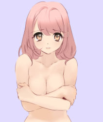 Rule 34 | 1girl, 3:, breasts, cleavage, collarbone, covering privates, covering breasts, crossed arms, face, lips, long hair, nude, nude cover, original, pink hair, piyodera mucha, simple background, sketch, solo
