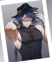 Rule 34 | 1957cg, 1boy, absurdres, arknights, armpits, bandaged hand, bandages, bara, black headwear, blue hair, braid, covered abs, eyewear strap, facial hair, highres, large pectorals, long hair, looking at viewer, male focus, mr. nothing (arknights), multicolored hair, muscular, muscular male, pectorals, red hair, sidepec, simple background, single braid, sleeveless, solo, streaked hair, stubble, upper body