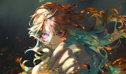 Rule 34 | 1girl, bottomless, breasts, fire, green hair, highres, hololive, hololive english, long eyelashes, long hair, looking at viewer, medium breasts, multicolored hair, nude, orange hair, purple eyes, quasarcake, reaching, reaching towards viewer, serious, solo, sparks, takanashi kiara, topless, upper body, virtual youtuber