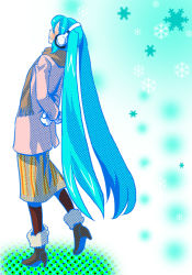 Rule 34 | 1girl, aqua hair, arms behind back, coat, closed eyes, hatsune miku, headphones, high heels, long hair, pantyhose, scarf, shoes, skirt, snowflakes, solo, tomabo, twintails, very long hair, vocaloid