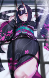 Rule 34 | 1girl, black kimono, bob cut, breasts, eyeliner, fate/grand order, fate (series), floral print, headpiece, highres, horn ornament, horn ring, horns, japanese clothes, kimono, long sleeves, looking at viewer, lostroom outfit (fate), lying, makeup, nagatani (nagata2), obi, on back, oni, purple eyes, purple hair, sash, short hair, shuten douji (fate), shuten douji (lostroom outfit) (fate), skin-covered horns, small breasts, smile, solo, thighs, wide sleeves