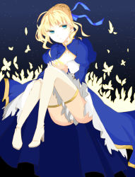 Rule 34 | 1girl, artoria pendragon (fate), bad id, bad pixiv id, blonde hair, blue eyes, boots, bug, butterfly, cleavage cutout, clothing cutout, dress, fate/stay night, fate (series), flower, glowing, hair ribbon, highres, bug, kantaro1029, ribbon, saber (fate), solo, thigh boots, thighhighs