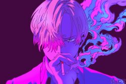 Rule 34 | 1boy, artist logo, colored smoke, highres, light frown, looking at viewer, md5 mismatch, one piece, resolution mismatch, sanji (one piece), smoke, smoking, snoz, source smaller