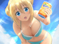 Rule 34 | 1girl, blend s, blonde hair, blue eyes, blue sky, brand name imitation, breasts, can, cleavage, cloud, cowboy shot, day, double bun, drink can, hair bun, hinata kaho, large breasts, light rays, long hair, looking at viewer, open mouth, sky, smile, soda can, solo, sunbeam, sunlight, tono munekage, wide hips