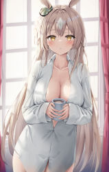 Rule 34 | 1girl, absurdres, animal ears, backlighting, blush, breasts, brown hair, cleavage, collarbone, collared shirt, commentary request, cup, curtains, dress shirt, gem (symbol), hair ornament, half updo, highres, holding, holding cup, horse ears, horse girl, indoors, large breasts, long hair, long sleeves, looking at viewer, mug, multicolored hair, open clothes, open shirt, parted lips, reinama, satono diamond (umamusume), shirt, sleeves past wrists, solo, standing, two-tone hair, umamusume, very long hair, white hair, white shirt, window, wing collar, yellow eyes