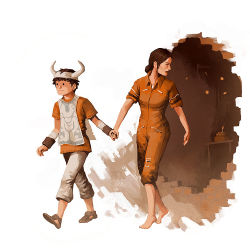 Rule 34 | . ., 1boy, 1girl, barefoot, brown hair, cake, chell, crossover, epic, food, hetero, holding hands, horns, ico, ico (character), jumpsuit, junkboy, orange jumpsuit, parody, pastry, ponytail, portal (series), portal 1, sleeves rolled up, surcoat, tabard, traditional media, valve