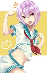 Rule 34 | 10s, 1girl, fang, hair between eyes, hands up, highres, kantai collection, looking at viewer, midriff, navel, neckerchief, onineko-chan, open mouth, paw pose, purple hair, red eyes, school uniform, serafuku, short hair, short sleeves, shorts, simple background, solo, tama (kancolle)