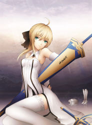 Rule 34 | 1girl, absurdres, ahoge, artoria pendragon (fate), avalon (fate/stay night), blonde hair, bow, caliburn (fate), capcom, excalibur (fate/stay night), fate/stay night, fate/unlimited codes, fate (series), green eyes, hair bow, highres, kyoeiki, ponytail, saber (fate), saber lily, sheath, sheathed, solo, sword, thighhighs, weapon